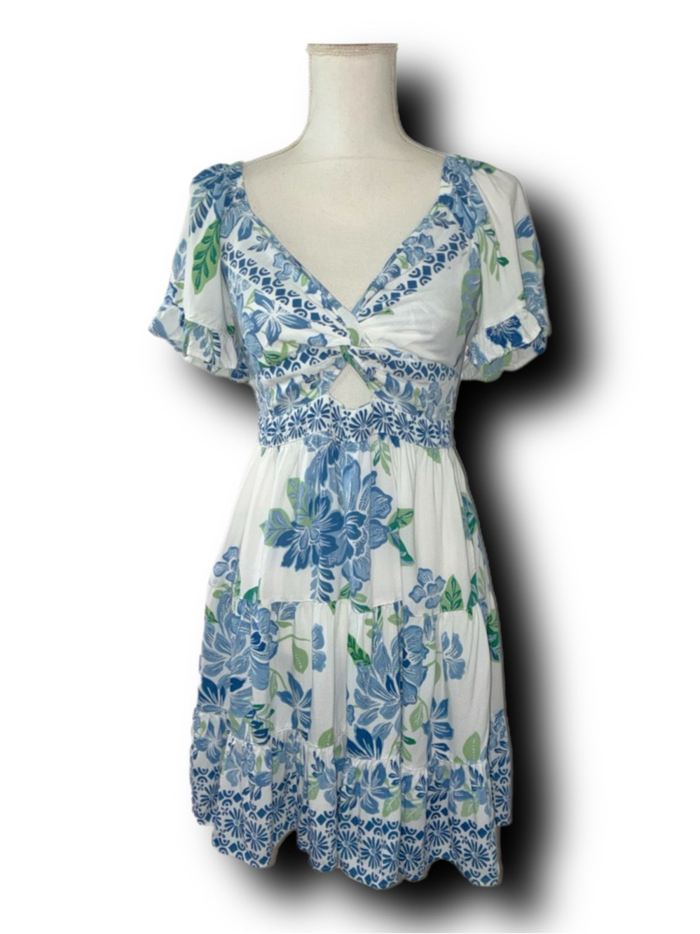 NWOT Angie Boho Twist Front Floral Mini Dress with Puff Sleeves & Cut Out